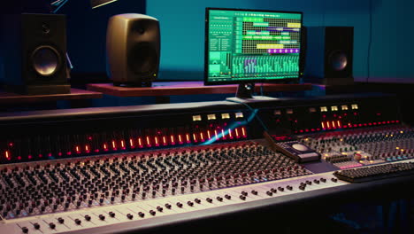 Empty-professional-studio-with-control-desk-mixer-and-audio-recording-software