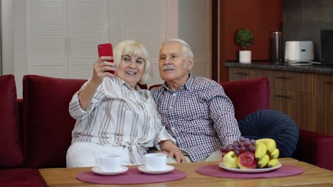 Senior-family-having-fun,-making-selfie-photos,-recording-video-together-on-smartphone-at-home