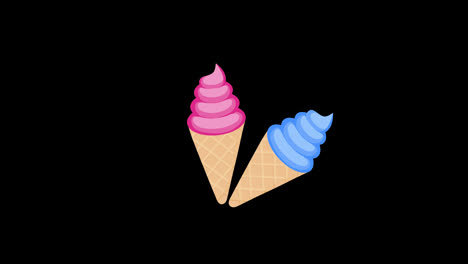 Zwei-Eistüten-Mit-Rosa-Und-Blauen-Belägen,-Symbolkonzept,-Loop-Animationsvideo-Mit-Alphakanal