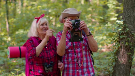 Senior-old-grandmother-grandfather-tourists-walking-with-backpacks-taking-photos-with-camera-in-wood