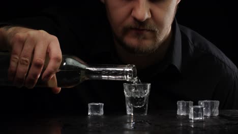 Alcoholic-man-pouring-up,-drinking-cold-drink-sake,-tequila,-rum-or-vodka,-alcohol-addiction-concept