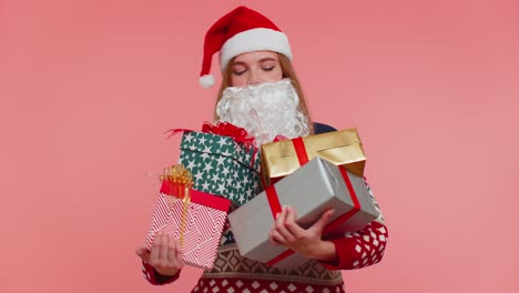 Girl-in-Christmas-fake-beard-of-Santa-Claus-surprised-of-present-boxes-excited-by-many-holiday-gifts