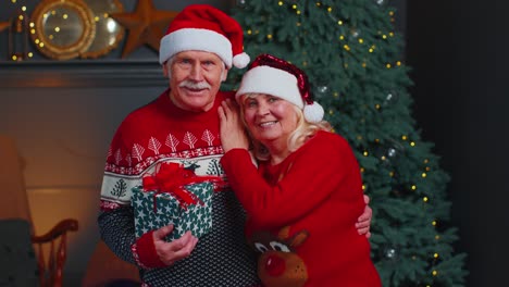 Älteres-Ehepaar-Mit-Weihnachtsmann-Hüten-Feiert-Weihnachten,-Blickt-In-Die-Kamera-Und-Umarmt-Sich-Zu-Hause