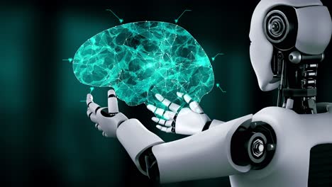 Robot-Hominoide-Ai-Sosteniendo-Una-Pantalla-De-Holograma-Virtual-Que-Muestra-El-Concepto-De-Cerebro-Ai