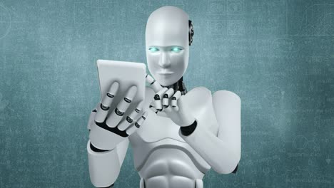 Robot-Hominoide-Usa-Teléfono-Móvil-O-Tableta-Para-Estudiar-Ciencias-De-Ingeniería