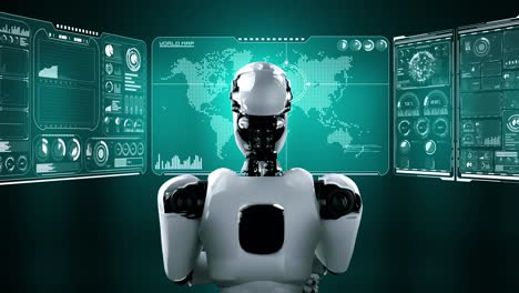 Denkender-KI-Hominoid-Roboter,-Der-Den-Hologrammbildschirm-Analysiert-Und-Das-Konzept-Big-Data-Zeigt
