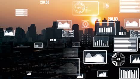 Business-data-analytic-interface-fly-over-smart-city-showing-alteration-future
