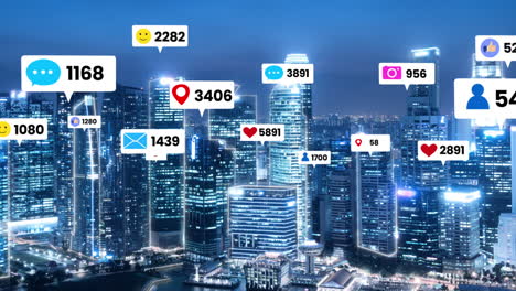 Social-media-icons-fly-over-city-downtown-showing-people-engagement-connection
