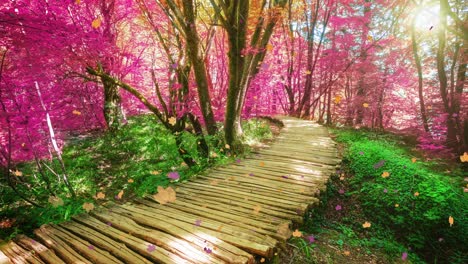 Cinemagraph-video-of-wooden-path-in-Plitvice-Lake,-Croatia-fantasy-foliage-color