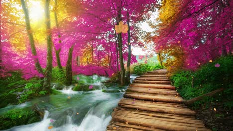 Seamless-Loop-Cinemagraph-video-of-autumn-wooden-path-in-Plitvice-Lake,-Croatia