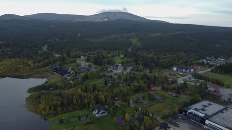 Aerial-drone-shot-of-town-near-forest-in-Iceland-with-lake