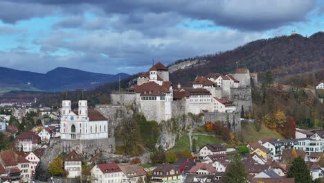 Aarburg-castle-and-church-on-top-of-a-hill-in-Switzerland