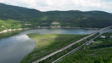 Aerial-pan-view-over-Tsonevo-reservoir-in-Varna-Region,-Bulgaria