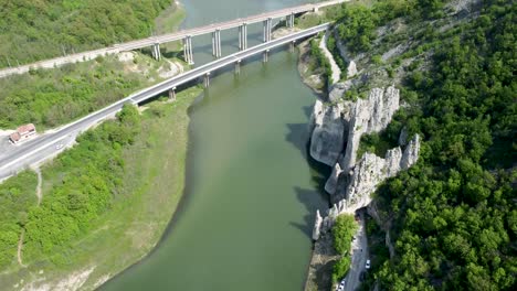 High-aerial-over-Wonderful-Rocks-on-Tsonevo-reservoir,-Asparuhovo,-Varna-Region