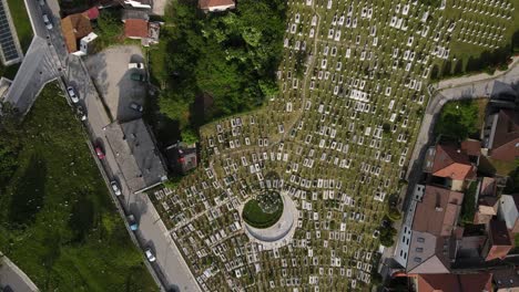 Aerial-view-of-Alija-Izzet-Begovic-cemetery-in-Bosnia,-mausoleums-built-for-dead-people