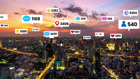 Social-media-icons-fly-over-city-downtown-showing-people-engagement-connection