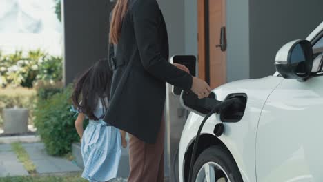 Progressive-lifestyle-of-mother-and-daughter-with-EV-car-and-charging-station.