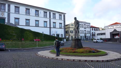 Tourist-lost-in-city-center-of-Horta,-Azores,-Island-of-Faial