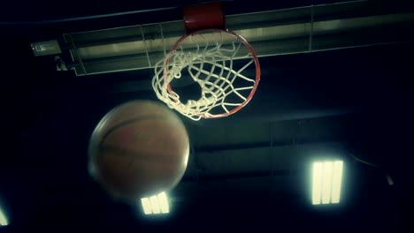 Basketball-hitting-rim-and-falling-into-the-net
