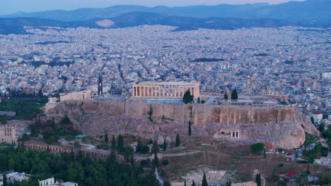 Tight-circling-aerial-shot-of-the-Acropolis-at-dawn