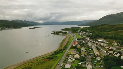 Aerial-Elegance:-Kyleakin-Village-Overlooking-Loch-Alsh,-Gateway-to-Isle-of-Skye,-Scottish-Highlands,-Scotland,-United-Kingdom