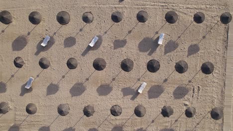 Aerial-top-view-of-beach-umbrellas-and-sunbeds