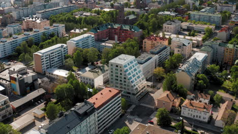 Wide-aerial-orbit-shot-of-Typical-European-City-Architecture-with-a-mix-of-old-and-modern-buildings-in-Northern-Europe