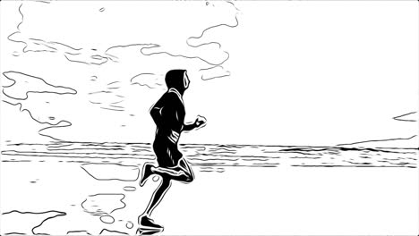 Man-running-on-beach-in-back-and-white-comic-style
