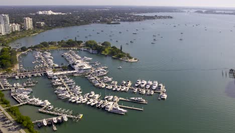 aerial-view-of-sarasota-marina,-bayfront-park-and-boats-on-water,-florida