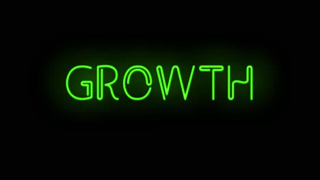 Blinkendes-Neongrünes-Wachstumsschild-Auf-Schwarzem-Hintergrund,-Ein--Und-Ausschaltend-Mit-Flimmern