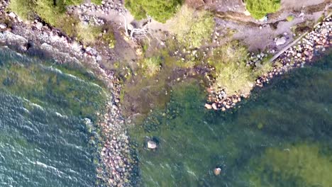 A-Smooth-Aerial-Shot-Of-A-Lake-And-Its-Waves-Flowing-Over-The-Rocks-Near-The-Forest