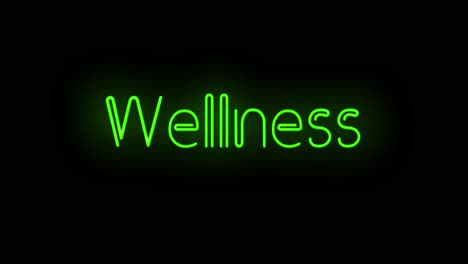 Blinkendes-Neongrünes-Wellness-Schild-Auf-Schwarzem-Hintergrund,-Ein--Und-Ausschaltend-Mit-Flackern