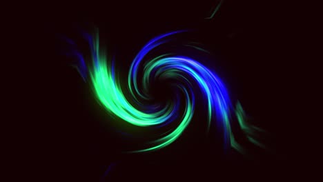 Abstrakter-Neon-Glühtrichter-Mit-Bunten,-Sich-Drehenden-Strahlen,-Kurvigen,-Hellen-Linien-Auf-Schwarzem-Hintergrund,-Tornado-Energie,-Raumtunnel,-Wirbelform,-Visueller-Effekt,-4k-Blaugrün