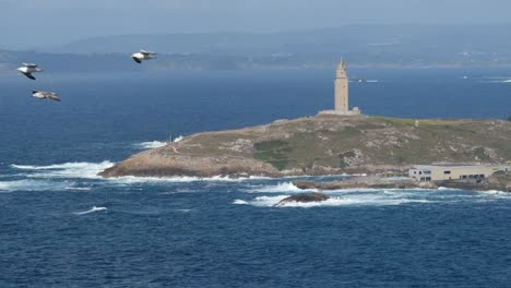 Famous-Hercules-roman-lighthouse-tower-in-Galicia-while-seagulls-fly-in-slow-motion