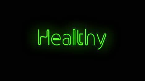 Blinkendes-Neongrünes-Gesundheitsschild-Auf-Schwarzem-Hintergrund,-Ein--Und-Ausschaltend-Mit-Flimmern