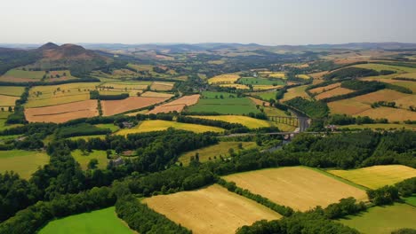 Aerial-View-of-Scottish-Countryside,-Eildon-Hills-and-Leaderfoot-Bridge-Near-Melrose,-Scottish-Borders,-Scotland,-United-Kingdom