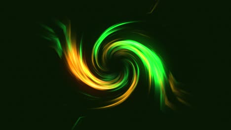 Abstract-Neon-glow-funnel-with-colourful-twisting-rays-curvy-bright-lines-on-a-black-background-tornado-energy-space-tunnel-vortex-shape-visual-effect-4K-green-yellow