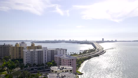 Aerial-view-of-John-Ringling-causeway-downtown-Sarasota,-Florida