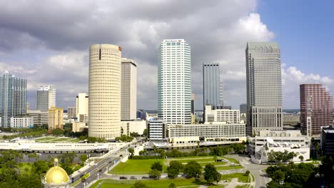Aerial-view-of-Downtown-Tampa,-Florida-skyscrapers-along-riverwalk
