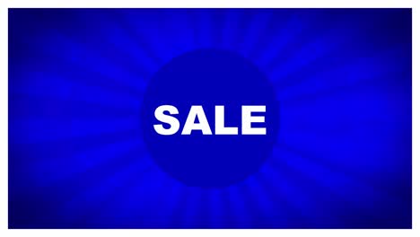 Flashing-blue-and-white-sale-sign,-rays-background