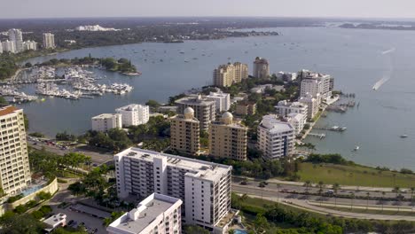 Aerial-view-of-Ritz-Carlton-hotel-and-Golden-Gate-district-downtown-Sarasot,-Florida