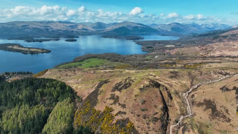 Aerial-Views-of-Majestic-Loch-Lomond-and-Scottish-Mountains,-Snowcapped-Ben-Lomond-in-The-Scottish-Highlands-on-a-Beautiful-Sunny-Day,-Scotland