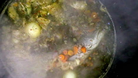 Top-view-of-a-boiling-pot-with-a-fish-and-vegetables,-making-soup