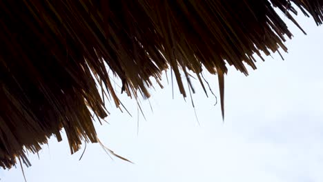 Close-up-of-rustic-beach-hut-with-traditional-thatched-roof-fluttering-in-windy-breeze-on-a-remote-tropical-island-destination