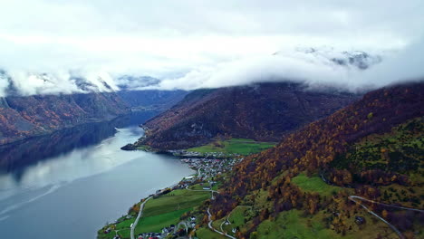 Scenic-aerial-view-of-Norwegian-village-Aurland,-Europe