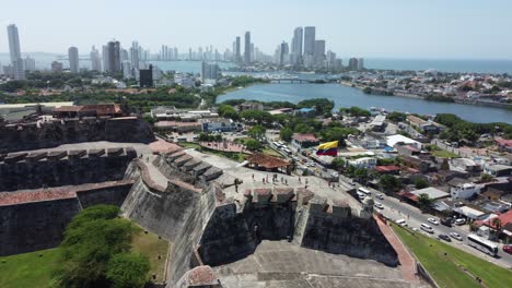 Aerial-Rotation-Over-The-Old-City-Fortress-In-Cartagena-Colombia