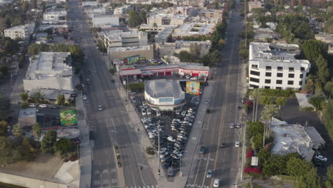 4K-aerial-shot-over-the-intersection-point-of-Lankershim-and-Cahuenga-Boulevards-near-Universal-City-in-the-San-Fernando-Valley