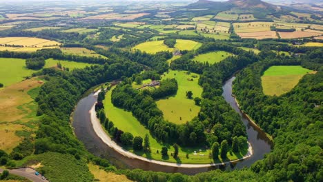 Aerial-Angle-of-The-River-Tweed-in-Scottish-Borders,-Scotland,-United-Kingdom