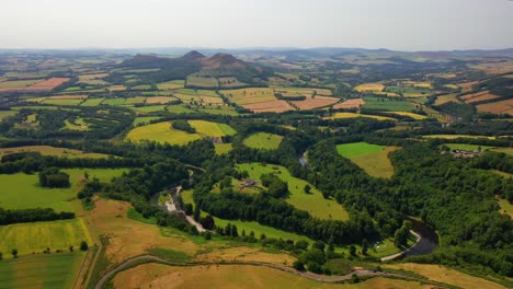 Aerial-View-of-Scottish-Borders-Over-The-River-Tweed-Looking-Towards-Eildon-Hills,-Views-of-Scotland