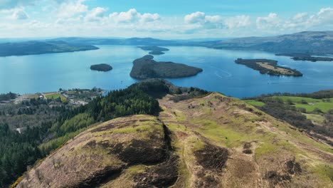 Aerial-of-Loch-Lomond-From-Conic-Hill,-Beautiful-Scottish-Landscape-in-Scottish-Highlands,-Scotland,-United-Kingdom